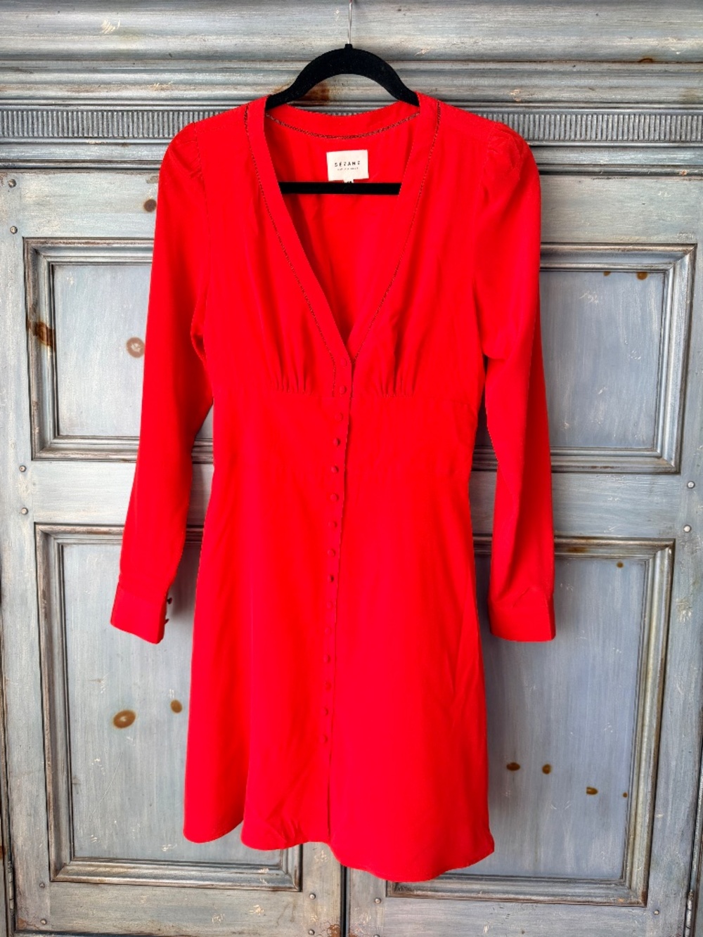 Sezane Long SLeeve Button Front Red Silk Dress Size 38